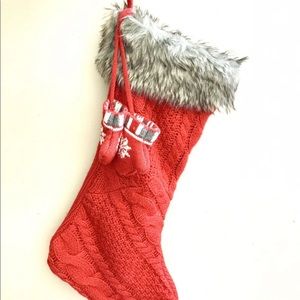 New Holiday Cable Knit  Christmas Stocking Sock Country Style With Faux Fur, Red